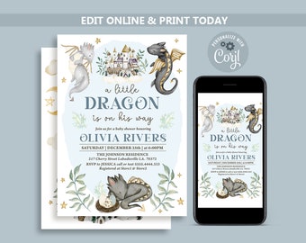 May include: A blue and white baby shower invitation with a watercolor illustration of a dragon and a castle. The text reads "A little dragon is on his way. Join us for a baby shower honoring Olivia Rivers. Saturday, December 25th at 6:00 PM. The Johnson Residence, 217 Cherry Street Labadieville, LA. 70372. RSVP to Jessica call or text 5555.4444.333. Registered at Store1 & Store2."