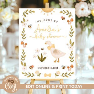 Vintage Goose Baby Shower Welcome Sign, Simple Mama and Baby Goose Yellow, Goose Baby Shower Invite, Gender Neutral Editable Template N264