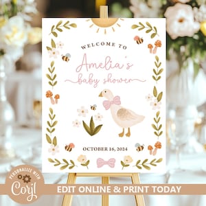 Goose Baby Shower Welcome Sign, Vintage Simple Mama and Baby Goose Pink, Goose Baby Shower Invite, Editable Template, Digital Download N264