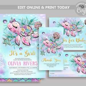 Set di inviti per baby shower modificabile sotto il mare, invito per baby shower ragazza tartaruga marina, modello per baby shower animali oceanici, baby shower sull&#39;oceano