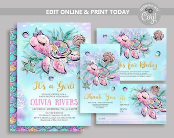 Sea Turtle Baby Shower Invitation Set: Under The Sea Girl (Editable Template)
