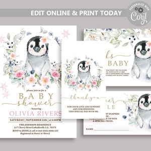 Penguin Baby Shower Invitation Bundle, Girl Winter Baby shower invitations, Animal Baby Shower invite Winter Wonderland Baby Shower Set N103