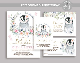 May include: A baby shower invitation with a watercolor illustration of a penguin wearing a flower crown. The invitation is for Olivia Rivers and includes the date, time, and location of the shower. It also includes the text "Please join us for a baby shower" and "Thank you for your love and support and for spending this special day with me."