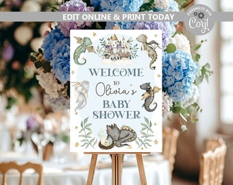 Editable Dragon Baby Shower Welcome Sign Template, Magical Black Dragon template, Fantasy Blue Dragons Theme, Fairy Tale Dragon, It&#39;s a Boy