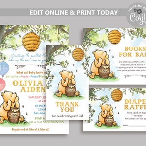 Classic Winnie the Pooh Bear Gender Reveal Invitation Bundle, He Or She What Will baby bee, Boy or Girl, Sometimes the Smallest Things N85