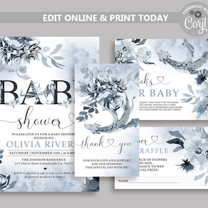 Dragons Baby Shower Invitation Bundle, Magical Baby Shower invite Set, Boy Baby Shower Template, Blue Greenery, Fantasy Dragon Theme N78