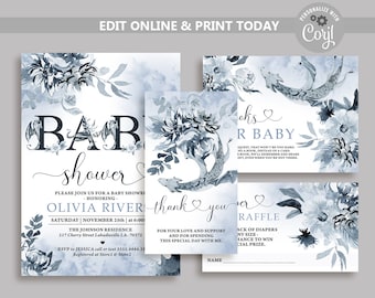 Zestaw zaproszeń na baby shower z motywem smoka: motyw niebieskich smoków (do pobrania cyfrowego)