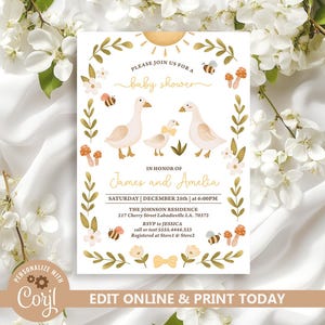 Rustic Mother Goose Baby Shower Invitation, Editable Goose Family Baby Shower Invitations, Duck Baby Shower Invitation, Gender Neutral N264