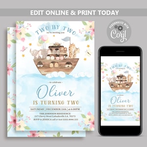 Noah&#39;s Ark Birthday Invitation, Editable Boho Animals Party Template, Bible Story Ark Invite, Two by Two, Safari Animals Invite  N135