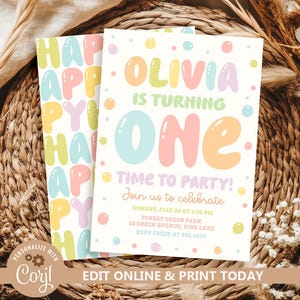 Invitación para fiesta de primer cumpleaños de arcoíris, invitación colorida para primer cumpleaños de niña, plantilla editable de cumpleaños con lunares pastel, globo y letra de Evite
