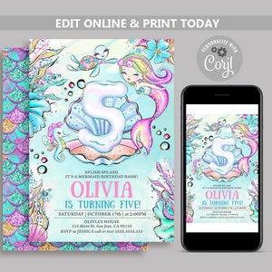 Mermaid Invitation, Editable Mermaid 5th Birthday Party Invite, Under the Sea birthday invites, Mermaid Birthday Pool Party invitations N165