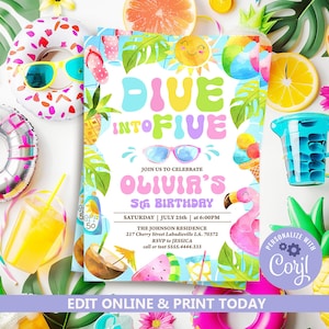Editable Dive Into Five 5th Birthday Party Invitation, Tropical Summer Splish Splash Girly Pool Birthday Party Invite, Instant Download N245