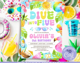 Dive Into Five Birthday Invitation: Tropical Pool Party (Instant Download)