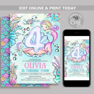Mermaid Invitation, Editable Mermaid 4th Birthday Party Invite, Under the Sea birthday invites, Mermaid Birthday Pool Party invitations N165