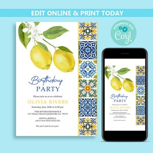 Mediterranean Lemon Birthday Party Invitation: Tuscan Tile (Digital Download)