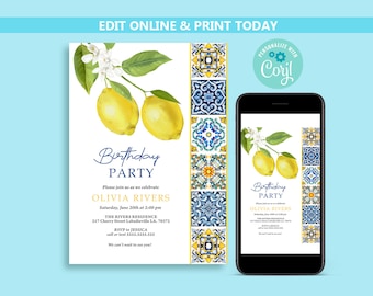 Mediterranean Lemon Birthday Party Invitation: Tuscan Tile (Digital Download)