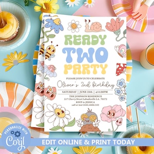 Ready Two Party Invitation, Boy 2nd Birthday Party Invitation Template, Summer Garden Party Invite Printable, Groovy Birthday Invites N249