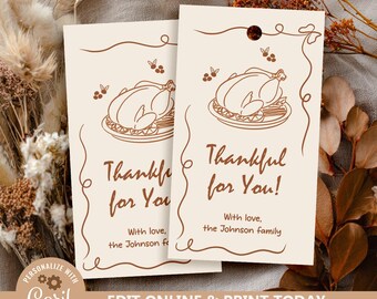 Tags Friendsgiving-gunst: bewerkbare sjabloon wijnetiket voor Thanksgiving (digitale download)