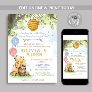 Classic Winnie the Pooh Bear Gender Reveal Invitation, He Or She What Will baby bee, Boy or Girl Template, Sometimes the Smallest Things N85