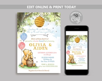 Classic Winnie the Pooh Bear Gender Reveal Invitation, He Or She What Will baby bee, Boy or Girl Template, Sometimes the Smallest Things N85