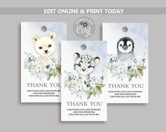 Arctic Animal Party Favor Tags, Winter Wonderland Birthday Thank You Tags, Winter Animals Birthday Template, Winter Flowers Invites  N82