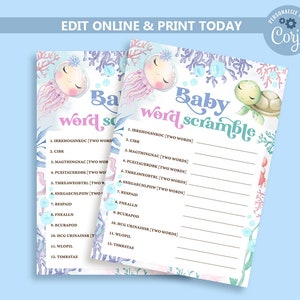 Editable Under The Sea  Baby Word Scramble Game, Ocean Theme Baby Word Jumble Game, Sea Animals Baby Shower Game, Editable Template N215