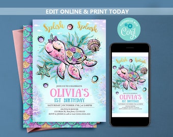 Under the Sea Birthday Invitation: Turtle Party Invites (Digital Download)