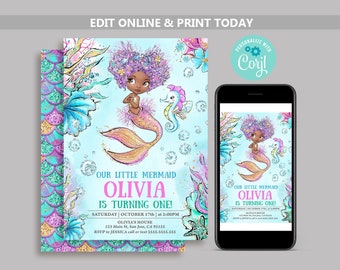 Black Mermaid Birthday Invitation, Cute Little Mermaid Watercolor Template, Girl Birthday Party, Under the Sea birthday invites N15-1