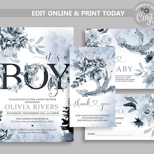 It&#39;s a Boy Dragon Baby Shower Invitation Bundle, Magical Baby Shower invite Set, Boy Baby Shower, Blue Greenery, Fantasy Dragons Theme N78