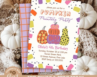 May include: A party invitation with a pumpkin theme. The invitation features the text "Pumpkin Painting Party" and "Olivia's 4th Birthday". The design includes colorful pumpkins and decorative elements. The invitation is paired with a patterned envelope.