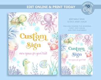 Editable Under The Sea Custom Sign, Ocean Theme Welcome Sign, Nautical Baby Shower Sign, Sea Animals Birthday Party Sign 8.5x11\16 x20 N215