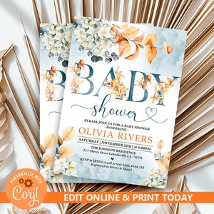 Fall Baby Shower Invitation Template, Autumn Baby Shower Invitations Template, Fall Floral, Gender Neutral invite, CORJL N79