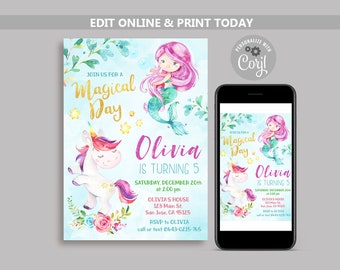 Mermaid Unicorn Birthday Invitation: Magical Pool Party (Digital Download)