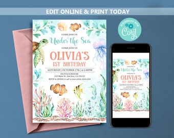 Editable Under The Sea Birthday Invitation for boy or girl, Ocean Animals Party Invites, Summer Birthday Invitation, Pool Party Birthday N12