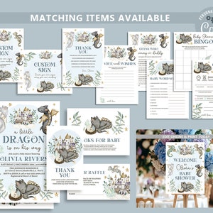 May include: A set of printable baby shower games featuring a dragon theme. The games include a baby word scramble, a guess who game, a vice and wishes game, a thank you card, a raffle ticket, a custom sign, and a baby bingo card. The games are decorated with watercolor illustrations of dragons, castles, and stars.