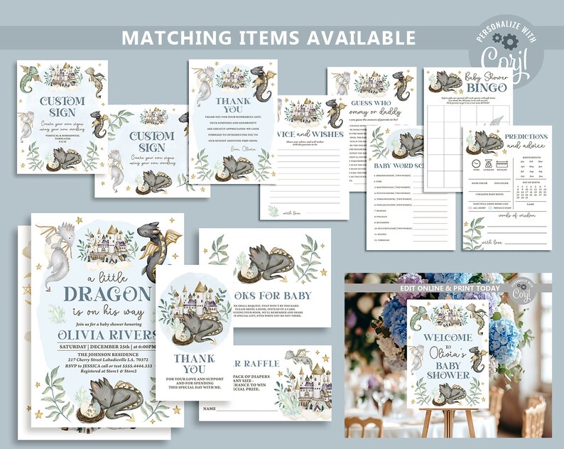 May include: A set of printable baby shower games featuring a dragon theme. The games include a baby word scramble, a guess who game, a vice and wishes game, a thank you card, a raffle ticket, a custom sign, and a baby bingo card. The games are decorated with watercolor illustrations of dragons, castles, and stars.