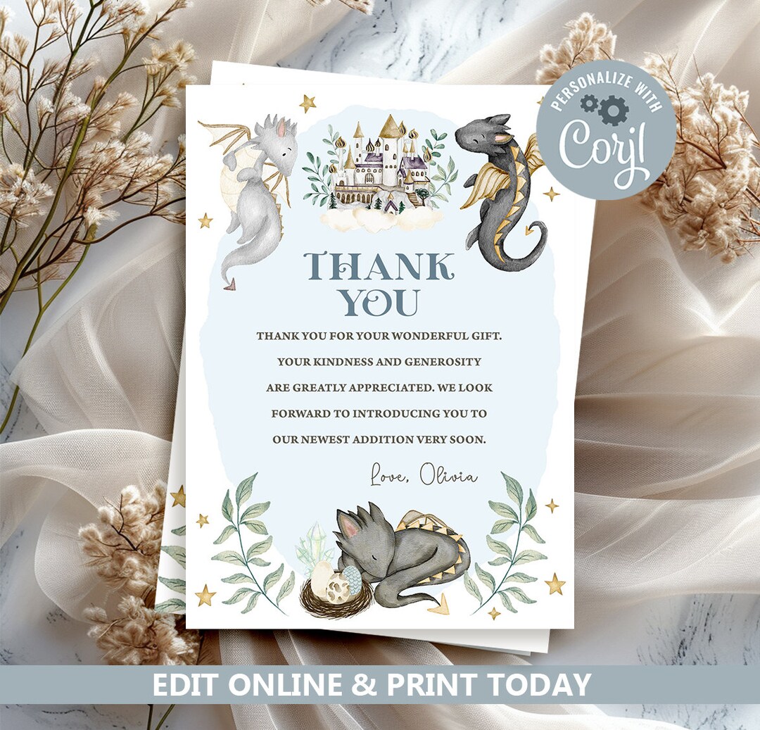 Editable Dragon Baby Shower Thank You Card, Magical Dragons Theme ...