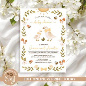 Vintage Goose Baby Shower Invitation, Simple Mama and Baby Goose Yellow, Goose Baby Shower Invite, Gender Neutral Editable Template N264