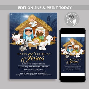 Happy Birthday Jesus Christmas Party Invitation, Nativity, Religious Christmas Invitations, Church Party, Christmas Carroling Invite N106