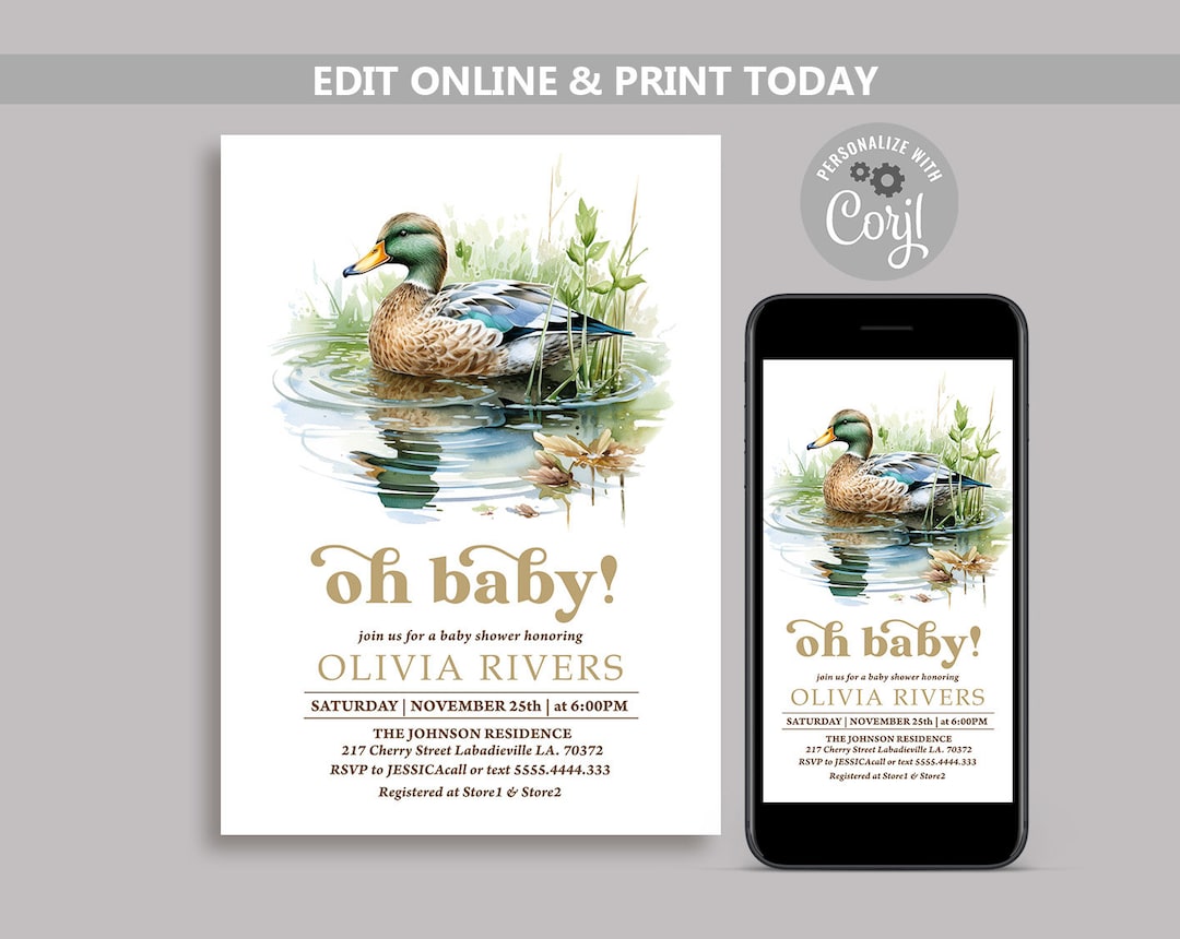 Mallard Duck Baby Shower Invitations, Editable Spring Baby Shower ...