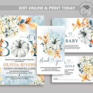 Inbjudningspaket med pumpa-babyshower: Blått och orange (digital nedladdning)
