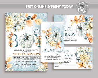 Boy Pumpkin Baby Shower Invitation Bundle, Orange & Blue Autumn printable invite Set, Fall Theme Boy Baby Shower Template, It&#39;s a Boy N79