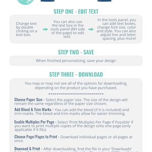 May include: A blue and white illustrated guide with instructions on how to edit, save, and download a design. The steps include: Edit Text, Save, and Download. The text includes instructions on how to change text, add text boxes, change font size, color, and style, adjust line and letter spacing, choose paper size, add bleed and trim marks, enable multiples per page, and choose pages to print.