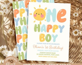 One Happy Boy 1st Birthday Invitation: Editable Rainbow Sunshine Party Theme (Digital Download)