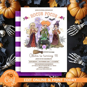 Könnte beinhalten: Ein violett-weiß gestreifter Hintergrund mit einer weißen Karte, die drei Hexen aus dem Film Hocus Pocus zeigt. Die Karte trägt den Text "Join us for a bunch of Hocus Pocus" und "Olivia is turning 13!" mit Details für eine Halloween-Party. Der Text "Edit Online & Print Today" befindet sich am unteren Rand der Karte.
