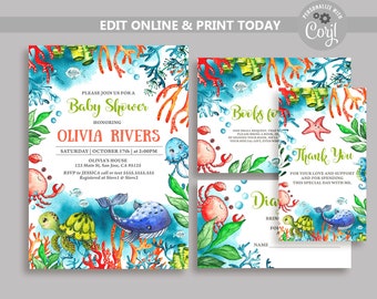 Under the Sea Baby Shower Invitation Set, Ocean Baby Shower Invite Bundle, Nautical Baby Shower, Gender Neutral Ocean Theme Sea Animals N153