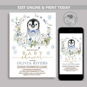 May include: A baby shower invitation featuring a watercolor illustration of a penguin wearing a blue bow tie, surrounded by white and blue flowers. The text reads "Please join us for a Baby Shower honoring Olivia Rivers" with the date and time of the event.