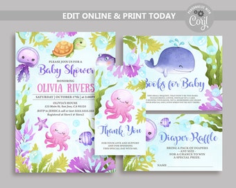 May include: A baby shower invitation with an under the sea theme. The invitation features an octopus, a turtle, a whale, and a jellyfish. The text on the invitation reads "Please join us for a baby shower honoring Olivia Rivers".