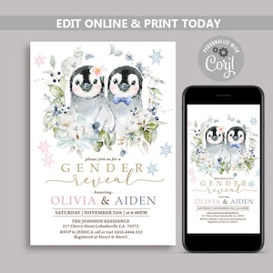 Penguin Gender Reveal Invitation, Penguin Twin Baby Shower invite, Winter Baby shower invitations, Animal Baby Shower invites N103