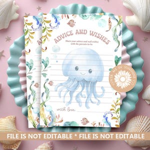 Onder de zee advieskaart babyshower, blauwe kwal advies en wensen sjabloon, oceaanthema baby advieskaart baby, zeedier babyshower